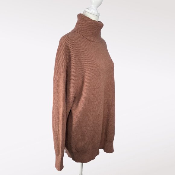 Oversized Coffee Brown Rib Knit Turtleneck Sweater Size Medium Large - Picture 6 of 9